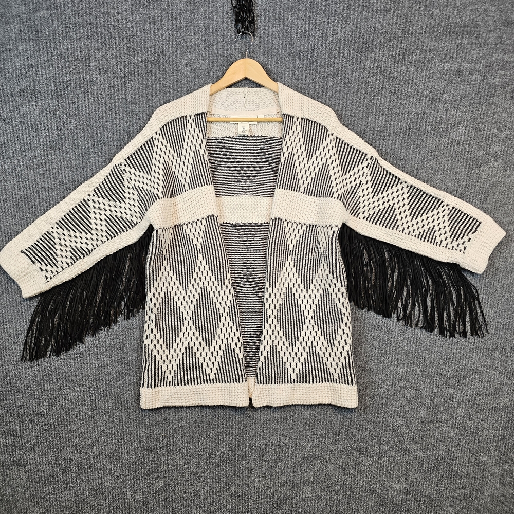 "Boho Chic H&M Fringe Cardigan- Black & Cream‎ Diamond Knit"